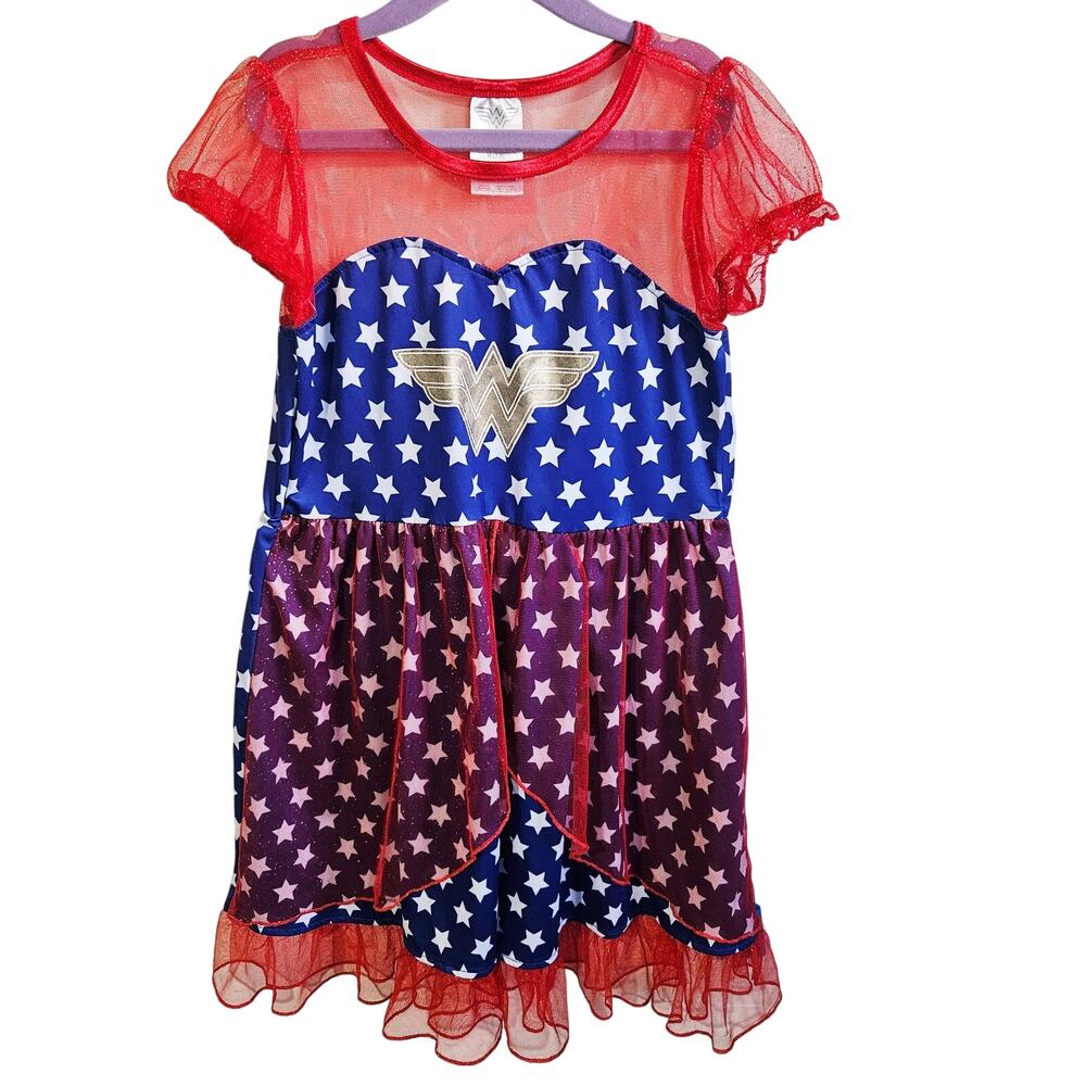 Wonder Woman Kids Size M Nightgown Red White Blue Superhero Pajama Dress Nightie